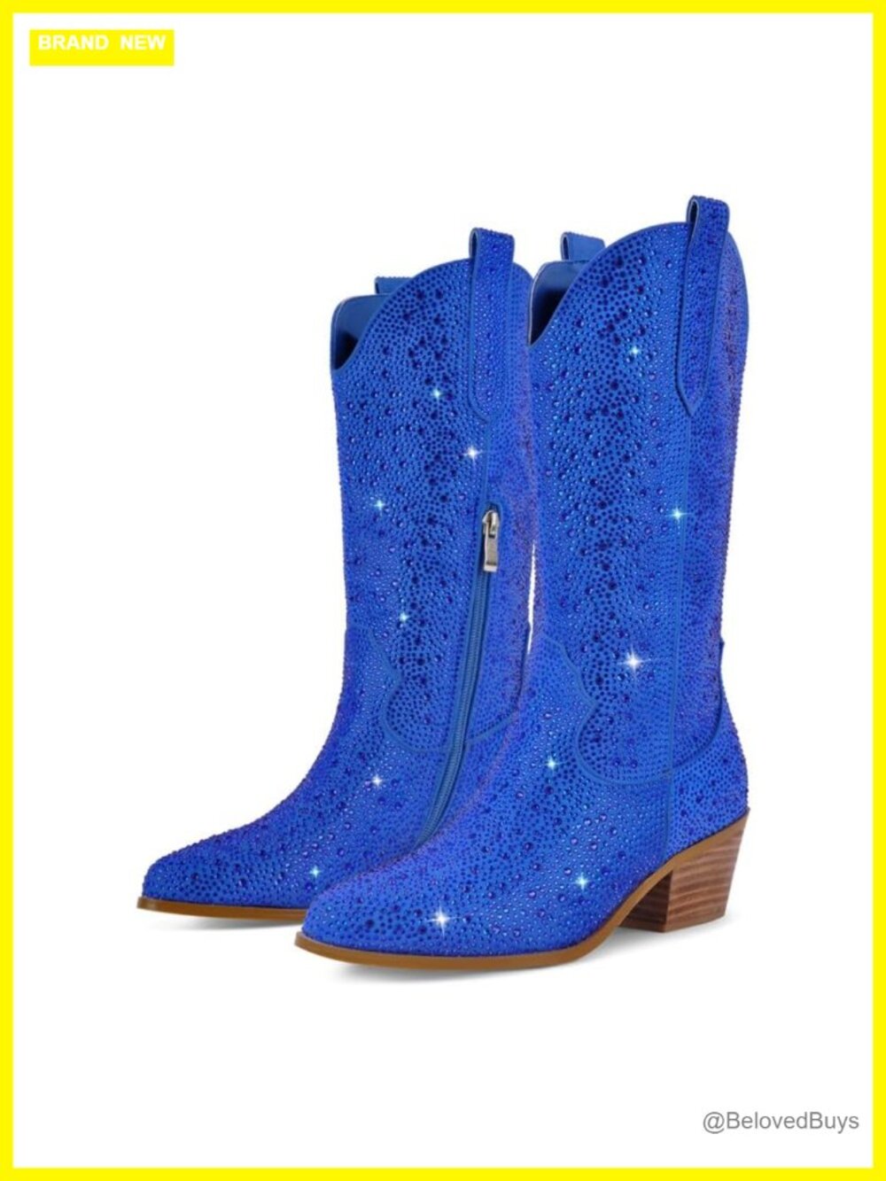 Sparkly Rhinestone Cowgirl Boots Calf High Pull On Block Heel
